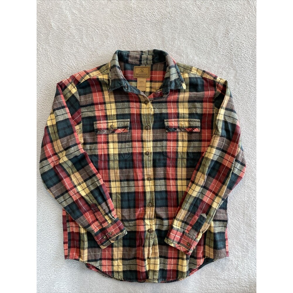 St John's Bay Flannel Shirt Women's Large Plaid Long Sleeve Wilderness Lodge